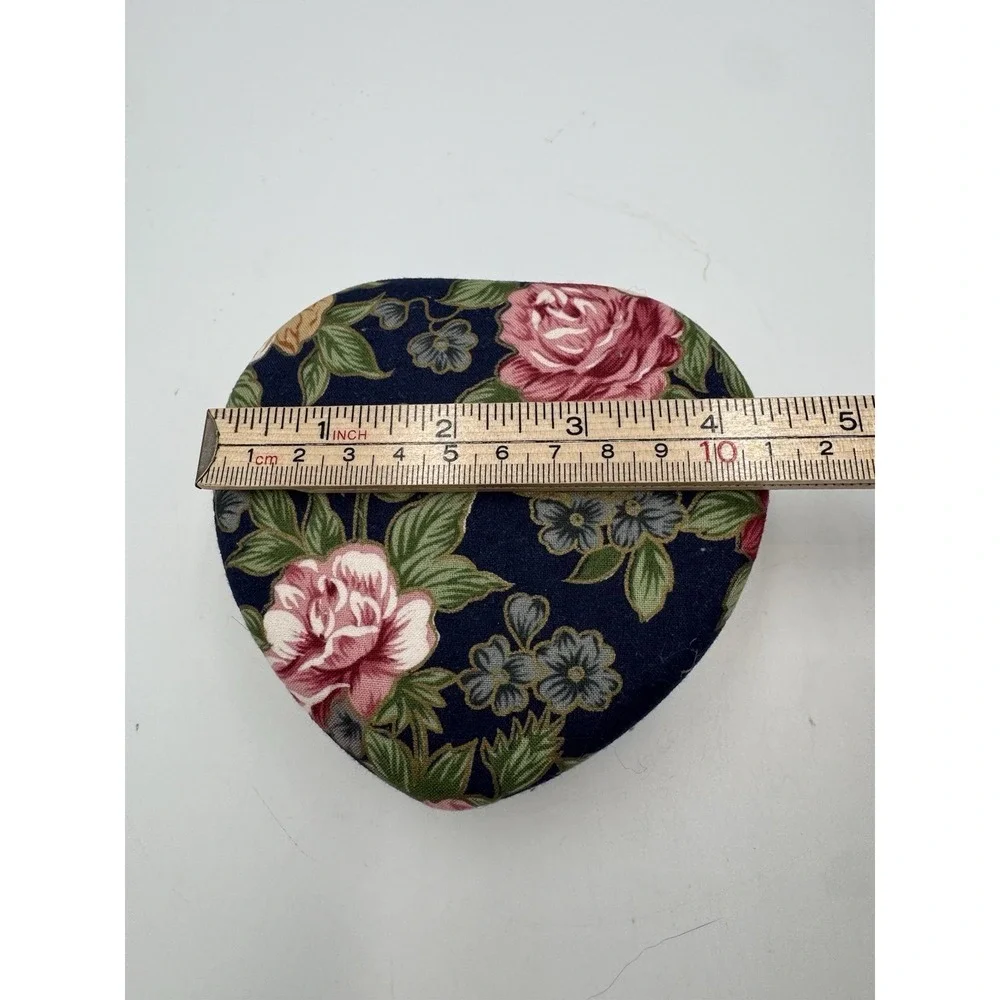 Vintage Navy Floral Heart Cloth Hinged Jewelry Box With Removable Pouch